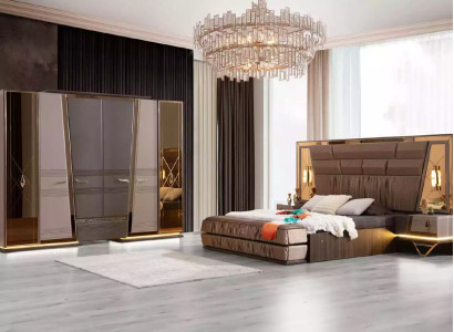 Doppelbett Modern Schlafzimmer Garnitur Luxus Gold Bett Set 4tlg Beige